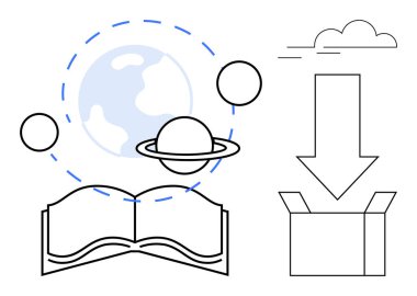 Küre, bulut, ok ve kutu sembollü açık bir kitap ve soyut gezegen sistemi. Eğitim, küresel öğrenim, araştırma, yenilik, yaratıcı fikirler için ideal dijital depolama basit düz metaforu