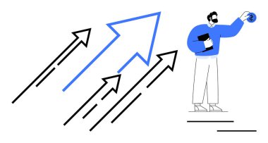 Man holding tablet and engaging with rising arrows symbolizing growth, development, leadership, opportunity, progress. Ideal for business, innovation, career growth, motivation education simple
