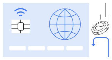 Payment card with chip and wireless signal near a globe and coin, symbolizing digital payments, financial transactions, contactless technology, global commerce, fintech, connectivity, simple flat