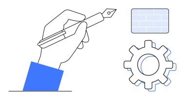 Hand holding a pen emphasizes creativity, gear denotes problem-solving, and bricks represent structure. Ideal for innovation, design, teamwork, technology, solutions education planning. Simple flat