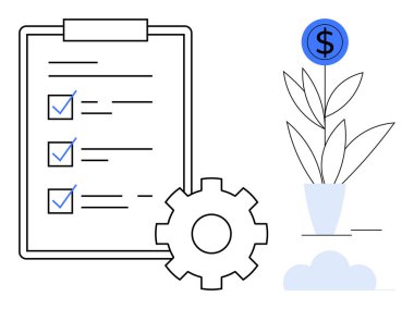 İşaretli görevleri olan kontrol listesi, teçhizat sembolize etme süreci ve gelişen para santrali üretkenliği, büyümeyi ve finansal planlamayı temsil ediyor. İş için ideal, strateji, hedefler, yenilik başarısı