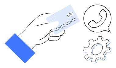 Hand holding credit card with call bubble and gear icon for payment, customer service, and technical support themes. Ideal for banking, e-commerce, automation, communication, fintech, transaction