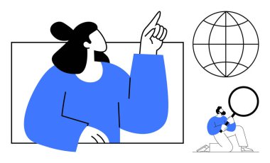 Woman pointing towards innovative ideas, globe symbolizing global connection, man with magnifying glass representing discovery. Ideal for teamwork, research, exploration, innovation, connection