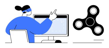 Person wearing VR headset gestures at a monitor, accompanied by a fidget spinner. Ideal for technology, virtual reality, focus tools, innovation, interaction, gaming, multitasking simple flat