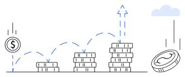 Gradually increasing coin stacks, bouncing coins, upward arrows, cloud. Ideal for finance, savings, investment, growth business revenue strategy. Clean simple flat metaphor