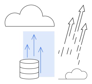 Yukarı doğru oklarla bulut ve veritabanı transferi veri göçünü, büyümeyi, ölçeklenebilirliği sembolize ediyor. Bulut hesaplama, ağ oluşturma, teknoloji, yenilik, ilerleme geliştirme için ideal basit