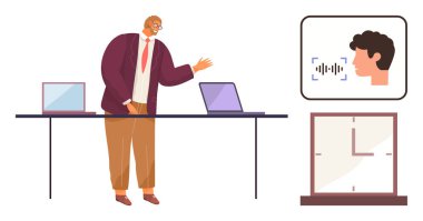 Man standing near table with laptops, digital face recognition, and clock display. Ideal for presentations, business planning, technology integration, time management, AI applications, workplace