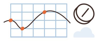 Bir ızgara üzerinde veri noktaları, dairesel çizelge ve yüzen bulut olan çizgi grafiği. Analiz, istatistik, performans takibi, büyüme, tahmin, strateji basit düz metafor için ideal