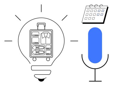 Ampulün içine yerleştirilmiş bavul, mikrofon ve seyahat organizasyonunu temsil eden takvim, yaratıcılık, podcast, programlama ve yenilik. Seyahat için idealdir, yaratıcı fikirler planlamak için.