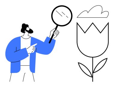 Çiçeği büyüteçle gösteren mavi ceketli adam doğayı, araştırmayı, büyümeyi, merakı, eğitimi, çevre bilincini, keşfi vurguluyor. Öğrenme ve analiz konuları için ideal