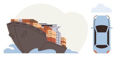 Okyanustaki konteynırlarla dolu büyük bir kargo gemisi ve bir araba manzarası. Ulaşım, ticaret, lojistik, küresel ticaret, ekonomi, tedarik zinciri, sürdürülebilir nakliye için ideal. Basit düz