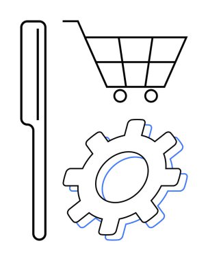 Vites, büyüteç ve alışveriş arabası nesneleri arama, kişiselleştirme, e-ticaret, sistem optimizasyonu, takım çalışması, çevrimiçi iş stratejileri ve otomasyonu sembolize eder. Teknoloji için ideal