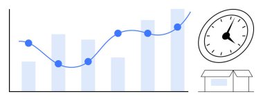 Çizgi grafik takip büyümesi, zamanı temsil eden analog saat ve küçük mağaza simgesi olan bar tablosu. İş stratejisi, satış analizi, rapor, zaman yönetimi, girişimler için ideal.
