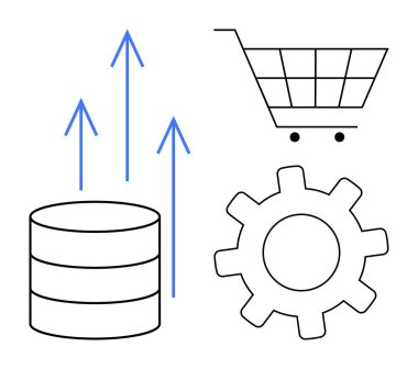 Yukarı doğru oklu silindirler, vites simgesi ve alışveriş arabasının dış hatları. Veri yönetimi, büyüme stratejisi, e-ticaret, süreç optimizasyonu, otomasyon, iş analizleri ve dijital için ideal