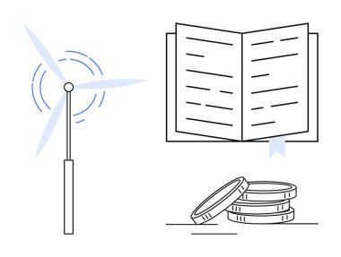 Rüzgar türbini, kitap ayracı ile açık bir kitap ve para yığını yenilenebilir enerji, eğitim ve ekonomik büyümeyi temsil ediyor. Sürdürülebilirlik, öğrenme, finans, çevre bilinci için ideal