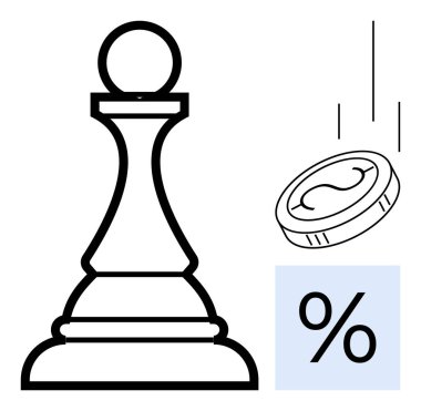 Bold chess pawn, falling coin, and percentage symbol signifying risk, strategy, investment, decision-making, planning, finance dynamics and abstract resource allocation. Ideal for business economy