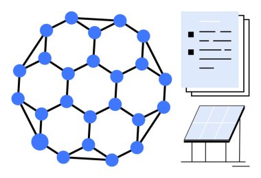 Molecule structure connecting nodes, solar panel, and text documents. Ideal for innovation, technology, renewable energy, chemistry, science education and data. Simple flat metaphor
