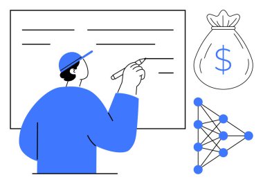 Bir tahtaya yazı, sinirsel ağ çizimi ve finans, yapay zeka, veri analizi, teknoloji stratejisi, eğitim, eğitim, yenilik vurgulayan para çantası. Finans makinesi öğrenimi için ideal