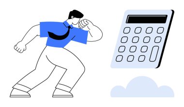 Resmi giyinmiş bir iş adamı bulutun üzerinde süzülen dev bir hesap makinesine doğru emin adımlarla hareket eder. Finans, muhasebe, bütçe, iş, teknoloji, bulut hizmetleri, büyüme kavramları için ideal