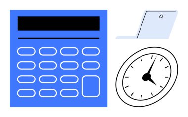 Mavi hesap makinesi, minimal dizüstü bilgisayar ve analog saat hesaplamaları, organizasyonu ve son teslim tarihine odaklı verimliliği vurguluyor. Zaman yönetimi, işyeri verimliliği, iş hayatı dengesi için ideal