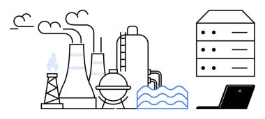 Reaktörler, bacalar ve soğutma sistemleriyle birlikte bir sunucu ve dizüstü bilgisayar ile birlikte fabrika kurulumu. Üretim, sürdürülebilirlik, teknoloji, veri yönetimi, otomasyon, loT enerji için ideal