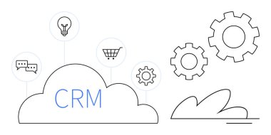 CRM platform in a cloud with speech bubbles, lightbulb, shopping cart, gears representing automation. Ideal for technology, business strategy, workflow, productivity, collaboration data management