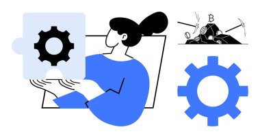 Woman holding gear puzzle piece representing collaboration and problem-solving. Background with mining tools symbolizing effort. Ideal for business, teamwork, innovation, planning, strategy