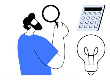 Adam büyüteçleri, hesap makinelerini hesaplamayı, fikir üretimi için ampulleri inceliyor. Yenilik, araştırma, analiz, eğitim, sorun çözme ve iş planlaması için ideal