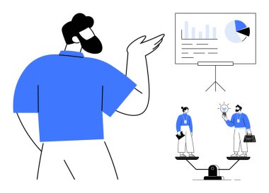 Ekranda veri tabloları sunan adam, fikir ve iş araçlarını tutan görevleri dengeleyen ekip üyeleri. Liderlik için ideal, takım çalışması, denge, veri analizi, yönetim, yenilik iletişimi. Basit.