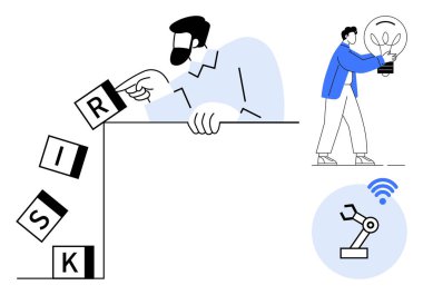 Risk bloklarını kontrol eden adam kenardan yuvarlanıyor, yeniliği temsil eden ampul tutan kişi, kablosuz bağlantıya sahip robotik kol. Risk yönetimi, yenilik, otomasyon için ideal