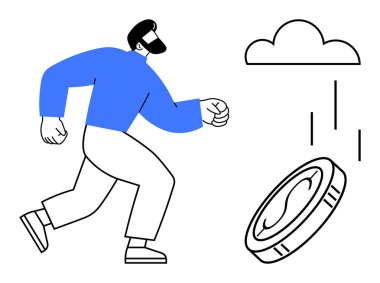 Man running towards a falling coin from a cloud, representing effort, opportunity, wealth pursuit. Ideal for finance, investment, saving, determination, goal success simple flat metaphor