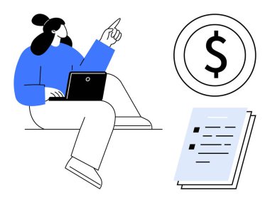 Kadın dizüstü bilgisayar kullanıyor, dolar işaretine doğru el kol hareketi yapıyor, belge yığınının yanında. Finans, iş stratejisi, bütçe, çevrimiçi iş, tasarruf işyeri planlama verimliliği için ideal. Basit düz