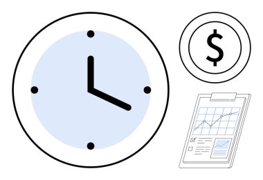 Analog saat zamanı vurguluyor, dolar simgesi finansmanı vurguluyor, pano performans grafiğini gösteriyor. Üretkenlik, finans, yatırım, zaman izleme, planlama, iş stratejisi için ideal