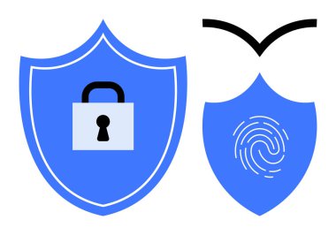 Asma kilit ve parmak izli mavi kalkanlar güvenlik ve korumayı vurguluyor. Teknoloji, siber güvenlik, şifreleme, biyometri, kimlik doğrulama, mahremiyet ve güvenli erişim için ideal. Basit düz metafor