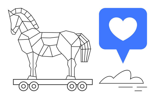 Геометрический троянский конь на колесах рядом с сердцем уведомления, вызывающие темы безопасности, любви и стратегии. Идеально подходит для кибербезопасности, цифровых отношений, данных, стратегии, рисков