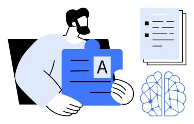 Man holding puzzle piece with text, stacked documents, neural network-inspired brain illustration. Ideal for education, problem-solving, creativity, critical thinking, organization, learning process