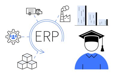 ERP concept with logistics truck, factory, bar chart, student cap, gear with people icon, and stacked cubes. Ideal for business, education, supply chain data management automation logistics