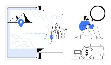 Konum işaretleri ve şatosu olan dijital harita, büyüteç kullanan bireysel inceleme seçenekleri, bozuk para yığını. Navigasyon, seyahat, hedef araştırması, mali bütçe, hedef planlaması için ideal