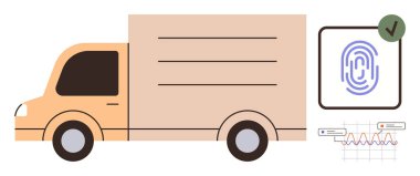 Teslimat kamyonu, parmak izi doğrulaması, uyum kontrol işareti ve veri tablosu. Lojistik, siber güvenlik, tedarik zinciri yönetimi, kimlik doğrulama, dağıtım hizmetleri veri analizi için ideal