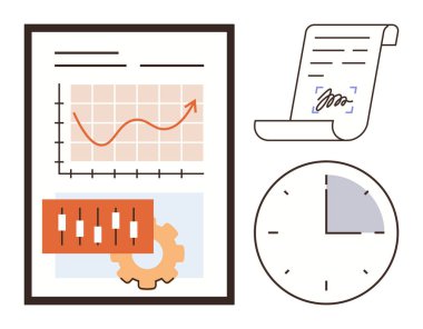 Yükselme eğilimi, imzalı belge, saat, stok çubuğu ve teçhizat grafiği. Finans, iş stratejisi, ticaret, planlama verimlilik süresi için ideal basit bir düz metafor