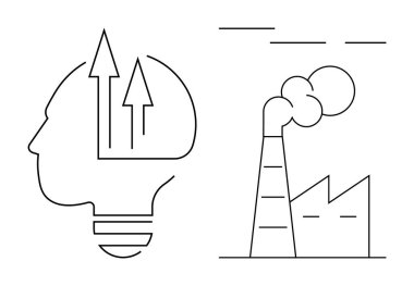 Baş silueti, yukarı çıkan oklarla ve fabrikadan çıkan duman fikirleri, ilerlemeyi ve sanayiyi temsil ediyor. Yaratıcılık, yenilik, sürdürülebilirlik, ilerleme, çevre, gelecekteki düz metafor için ideal