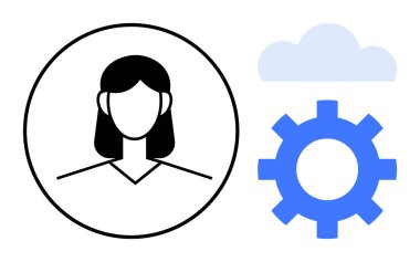 Mavi dişli ve bulutlu dairesel çerçevenin içindeki dişi avatar. Konseptler için ideal kullanıcı ayarları, uygulama kişiselleştirmesi, sistem yapılandırması, teknoloji, bulut hesaplaması, yenilik