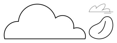 Large cloud outline with smaller cloud and leaf shapes in simple black lines. Ideal for weather, environment, eco-friendly concepts, simplicity, organic designs, education, and branding. Clean