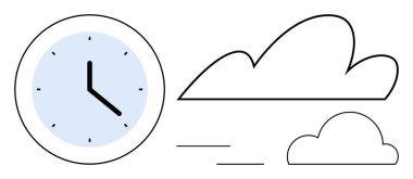Analog clock beside clouds and motion lines. Ideal for time management, productivity, transition, progress, scheduling, weather, and simplicity concepts. Clean and simple flat metaphor
