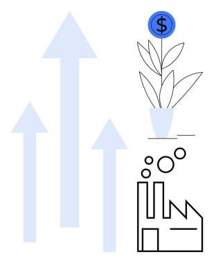 Upward arrows, a potted plant with a dollar sign, and a factory outline. Ideal for growth, success, business, sustainability, investment, innovation and progress in a simple flat metaphor