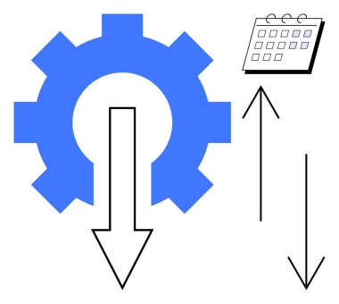 Gear with downward arrow symbolizing process, calendar showing scheduling, vertical arrows signifying direction or progress. Ideal for productivity, planning, operations, management, optimization