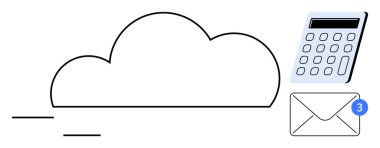 Satır, hesap makinesi ve e-posta ile bildirim balonunu birleştirerek modern teknoloji kullanımını resmetmek. Veri depolama, iletişim, finans, teknolojik yenilik, organizasyon, üretkenlik için ideal basit