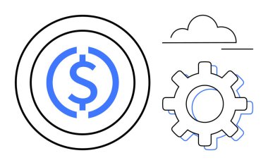 Blue dollar coin encircled in black with a gear and cloud line icons. Ideal for finance, development, technology, economy, automation, cloud solutions, digital processes. Simple flat metaphor