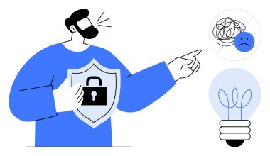 Person holding shield with lock, pointing towards lightbulb and sad face near tangled lines. Ideal for security, problem-solving, innovation, mental health, communication, clarity teamwork. Simple