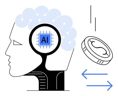 Profile of a head with AI circuit in the brain and floating coin with arrows illustrating finance, tech integration, and decision-making. Ideal for AI, fintech, innovation, data, automation, future